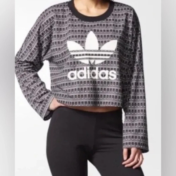 Farm Rio x Adidas Originals Pavao  Black white oversized sweatshirt Sz XS - Picture 2 of 11